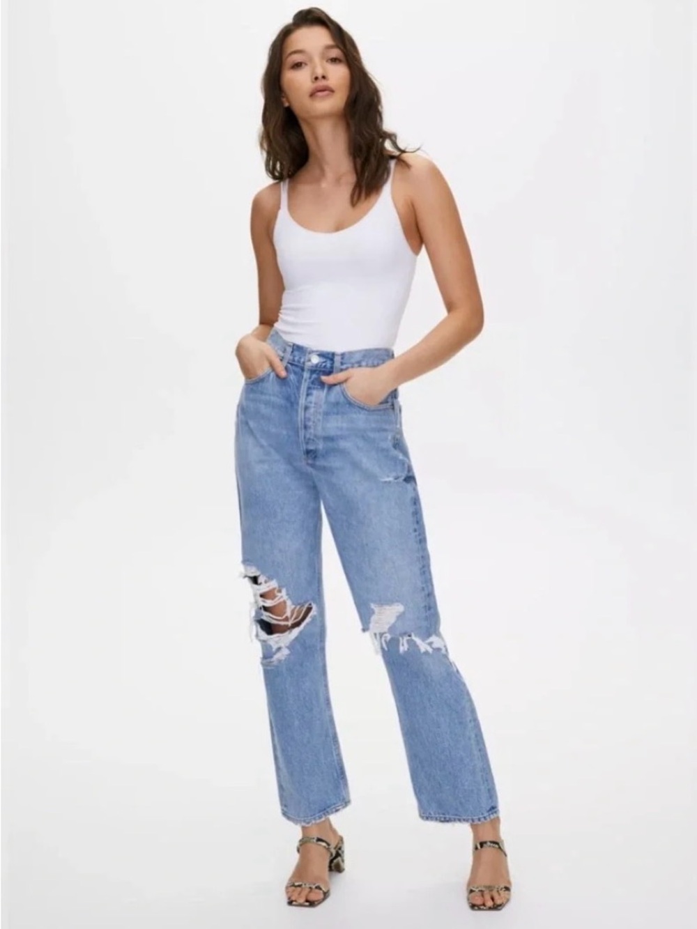 Aritzia Denim Forum The Arlo High Rise Straight Distressed Jeans 32x28